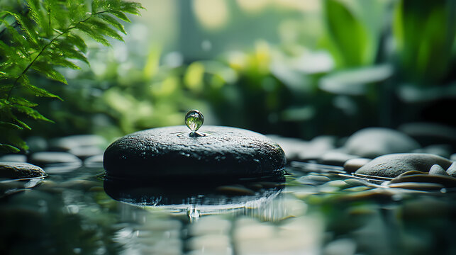 Serene spa stones: long exposure water drops photography, relaxing wellness imagery, zen garden stones photo. Minimalist Zen Garden. Illustration