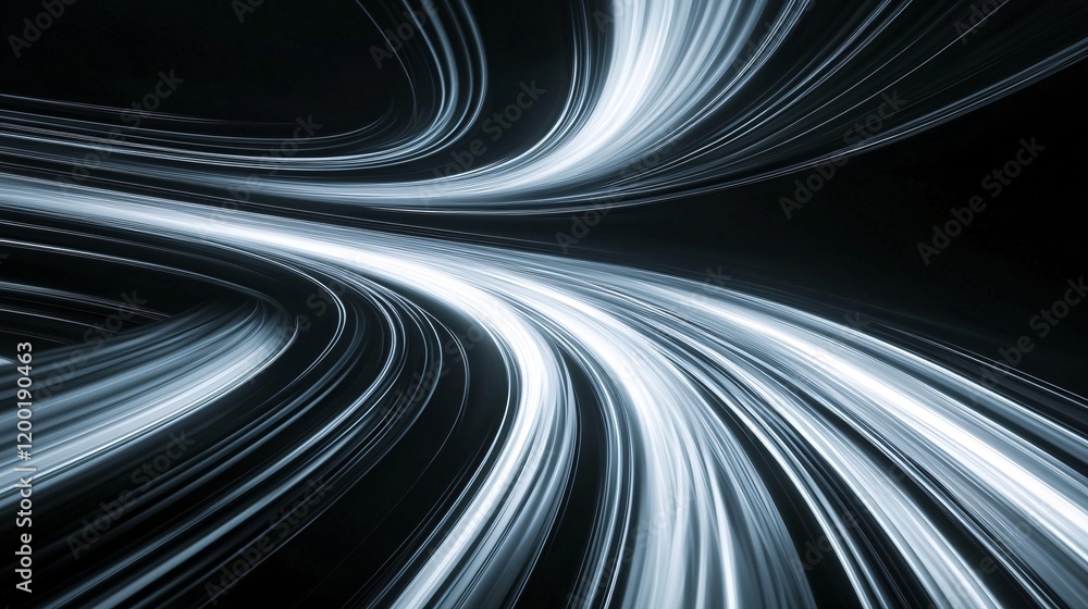 Poster abstract light trails swirl smoothly in a dark setting, creating a dynamic and futuristic vibe.