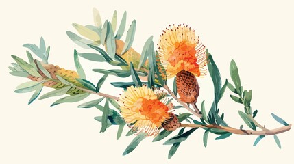 Exquisite Banksia Watercolor Botanical Illustration in Flat Vector Style