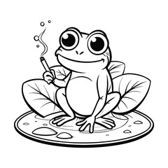 Cartoon Frog Sitting on a Lily Pad with a Leaf and Smoking a Cigarette.