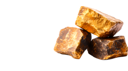 three gold nuggets are shown on a brown background with a light