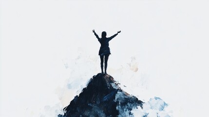 Triumphant journey to success with mountain top achievement and victory