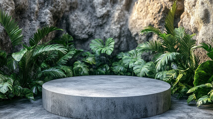 Minimalist round podium on a modern blurred green natural background, symbolizing harmony, balance, and eco-consciousness. Perfect for product display or showcasing simplicity and elegance.
