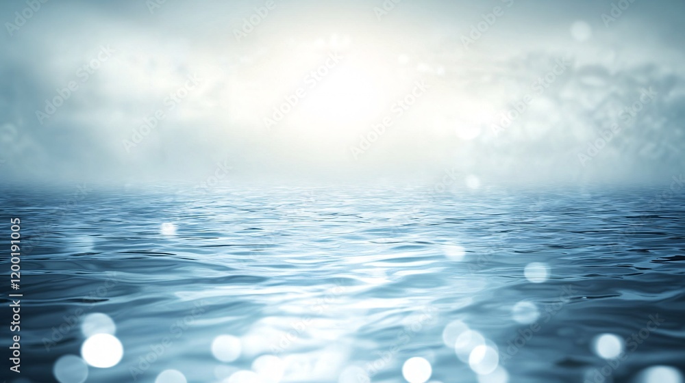 Poster a serene view of a tranquil ocean with soft waves reflecting shimmering light and a foggy horizon.