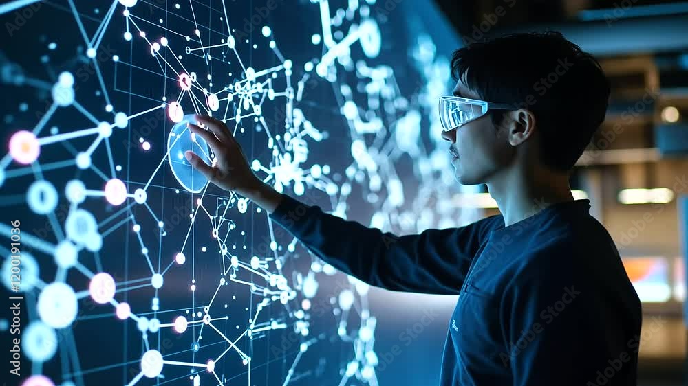 Poster a lab technician adjusting a virtual chemical formula of a skincare product projected in augmented r