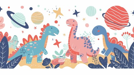 Cute Hand Drawn Childish Dinosaur Composition