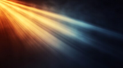 Abstract light rays in warm orange and cool blue tones create a dramatic contrast.