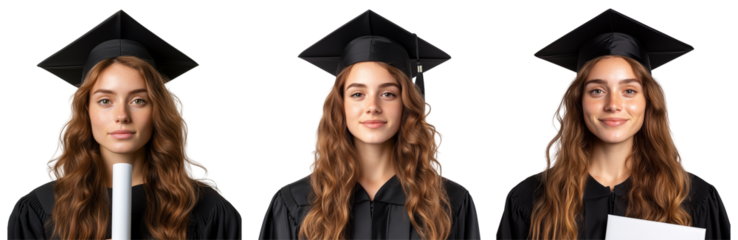 set of portrait of graduate woman, girl standing with her diploma in hand, wearing black cap and gown, with smile on her face isolated on a transparent background
