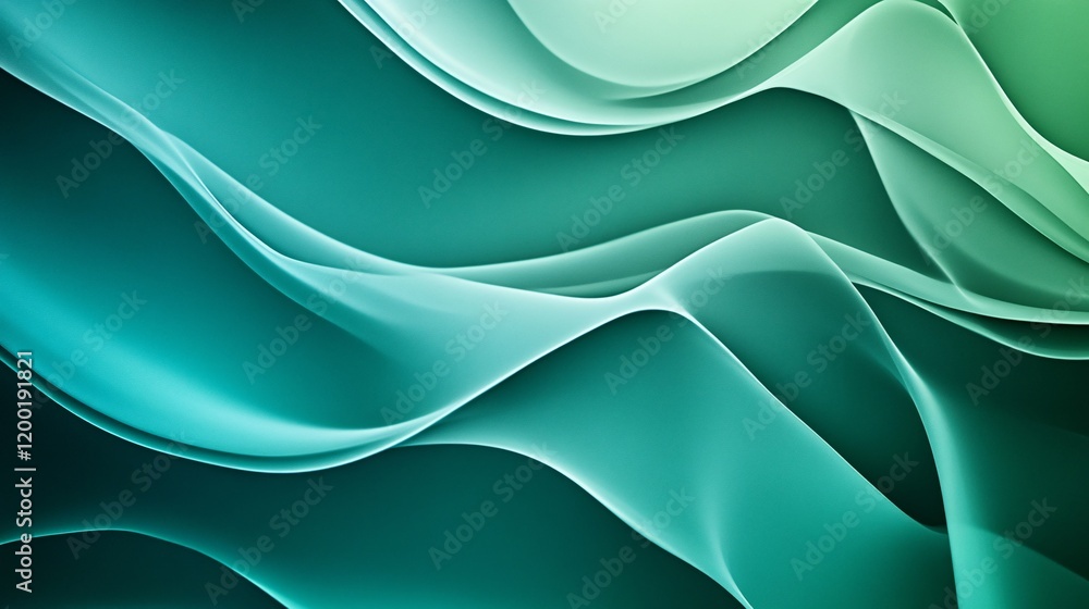 Poster an abstract composition featuring flowing waves in shades of teal and mint, creating a serene and ca
