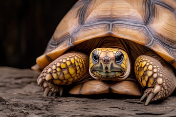 Naklejka premium A close-up of a tortoise partially retracted into its shell, showcasing intricate shell patterns and vivid yellow details on rough wooden surface