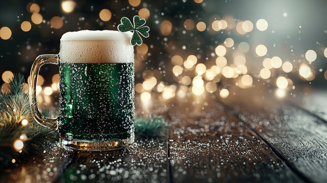 Festive green beer garnished with a shamrock near twinkling lights during a joyful celebration