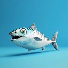 Obraz premium Funny smiling cartoon fish on blue uniform background.