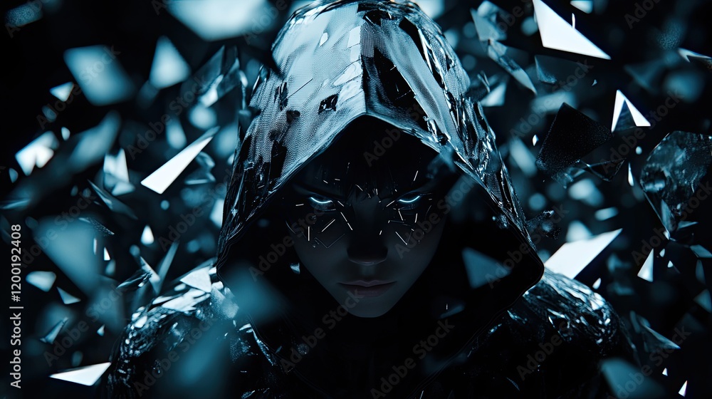 Aufkleber mysterious figure in a reflective environment surrounded by shards of light and shadows