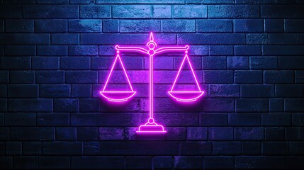 Neon Scales of Justice Symbol in Bright Pink Light on a Dark Brick Wall Background