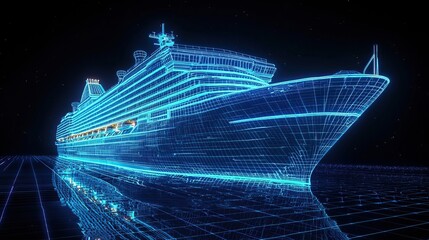 Futuristic Digital Wireframe of a Cruise Ship with Neon Blue Lines on a Starry Background