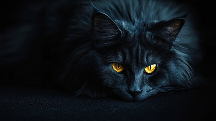 Mysterious Black Cat with Striking Yellow Eyes Resting in Dramatic Low Light
