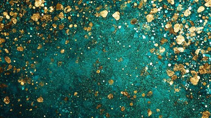 A sparkling teal background adorned with golden glitter and confetti, perfect for festive themes.