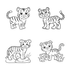 Adorable Cartoon Tiger Outlines for Kids  set.