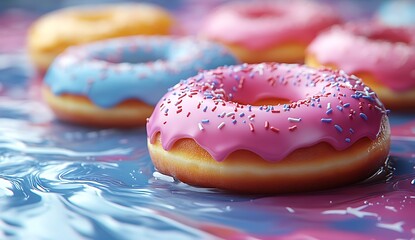 Group of donuts with pink frosting and sprinkles


