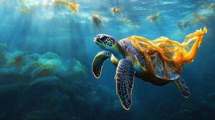 Fototapeta premium Sea turtle swimming gracefully through vibrant underwater landscape with flowing fabric in sunny waters