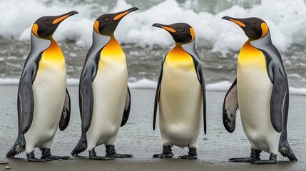 Fototapeta premium Four regal penguins stand on a sandy beach near the ocean waves in Antarctica during a sunny day