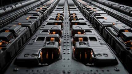 Close-up view of industrial battery modules lined up in a high-tech facility, showcasing advanced technology