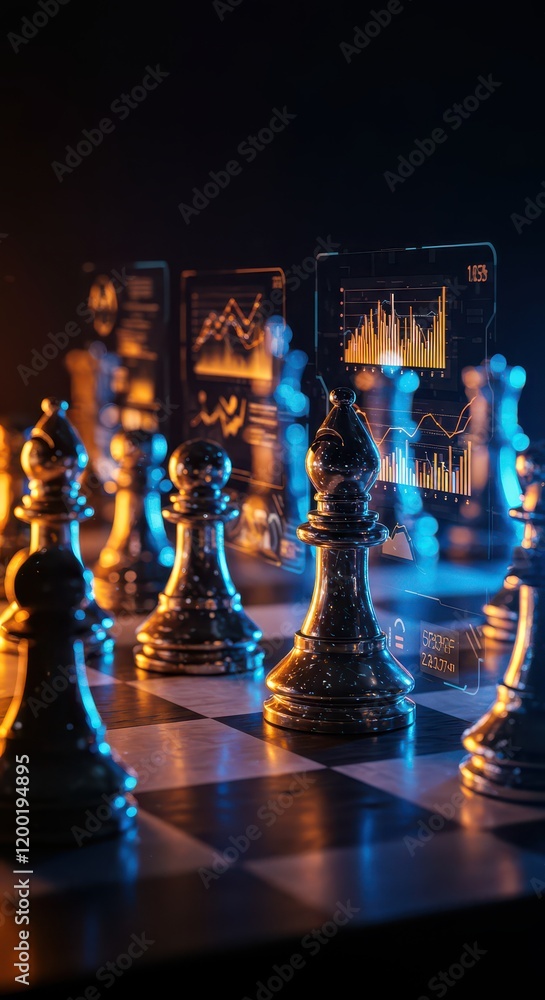 Poster a chessboard with holographic pieces and ai for data analysis and strategy development