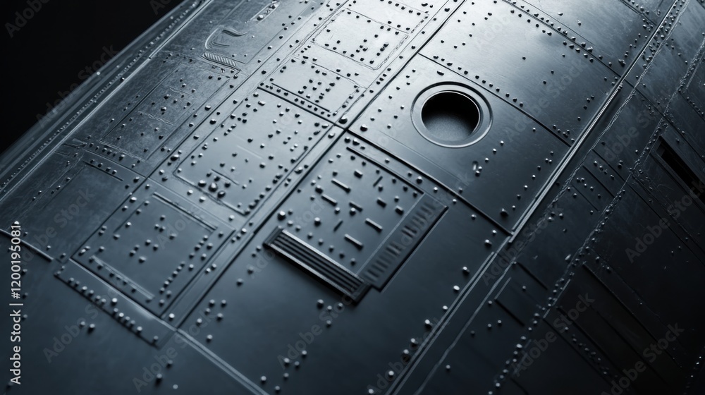 Poster close-up view of a futuristic spacecraft's textured surface showcasing intricate details and pattern