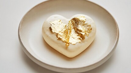A plate of truffle-infused foam garnished with edible 24K gold leaf, isolated on a pristine white surface