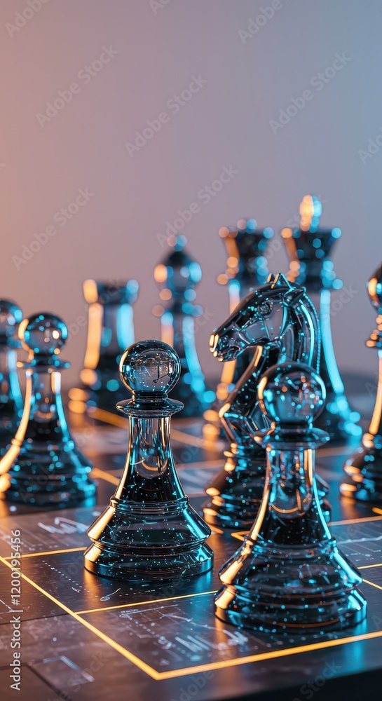 Poster a chessboard with holographic pieces and ai for data analysis and strategy development