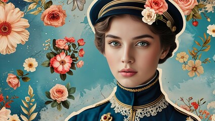 Elegant Woman Portrait with Floral Background and Victorian Style Uniform Detailed