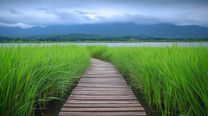 Fototapeta premium A symbolic wooden path winding through a serene natural landscape, representing the journey to success. Modern blurred background with space for copy enhances versatility for creative projects. 