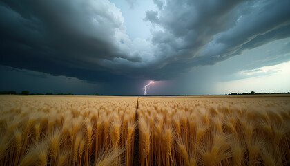 Dramatic barley fields under stormy sky with lightning, nature's power