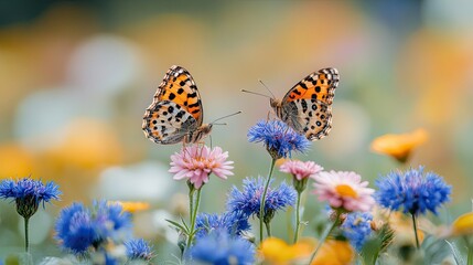 Obraz premium Butterflies resting on vibrant wildflowers during a sunny afternoon in a colorful garden