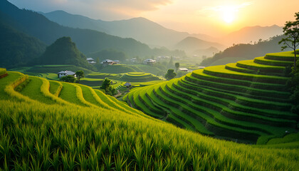 Fototapeta premium Serene terraced rice paddies at sunset, peaceful Asian landscape