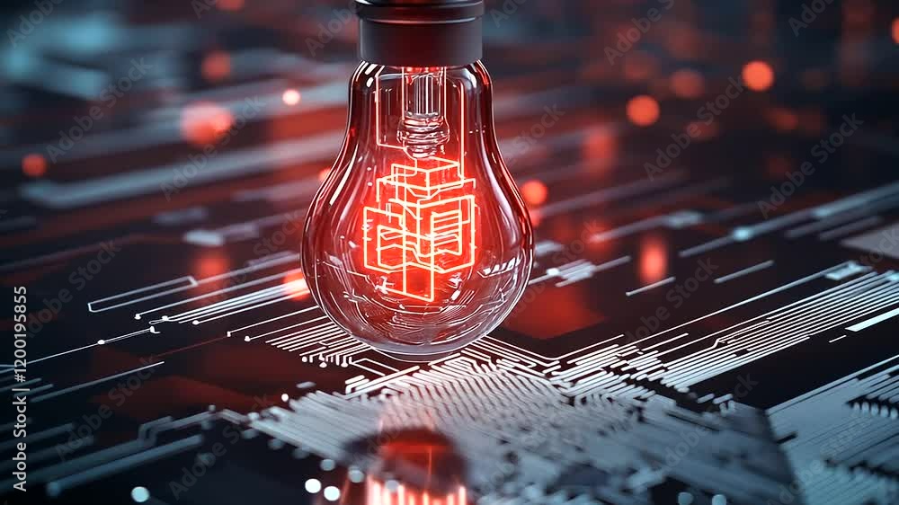 Poster a beautifully glowing light bulb suspended in a dark space, with a radiant ai microchip at its cente