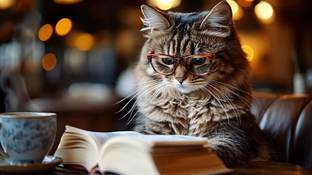 Scientist fluffy cat in glasses sitting on a table with a cup of tea and a book.