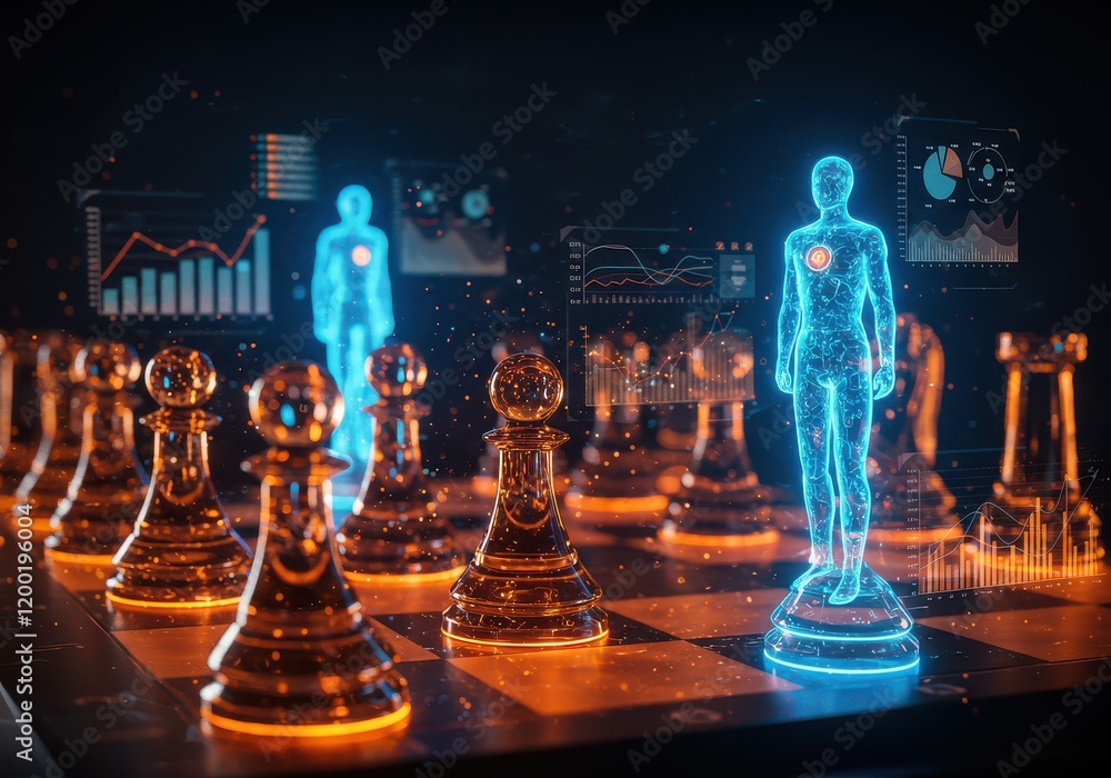 Poster a chessboard with holographic pieces and ai for data analysis and strategy development