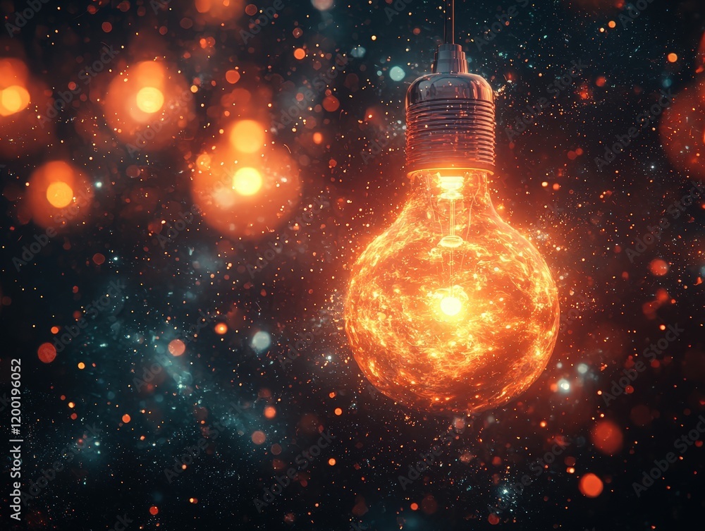 Poster a glowing light bulb filled with fiery energy illuminates a dark backdrop with sparkling particles. 
