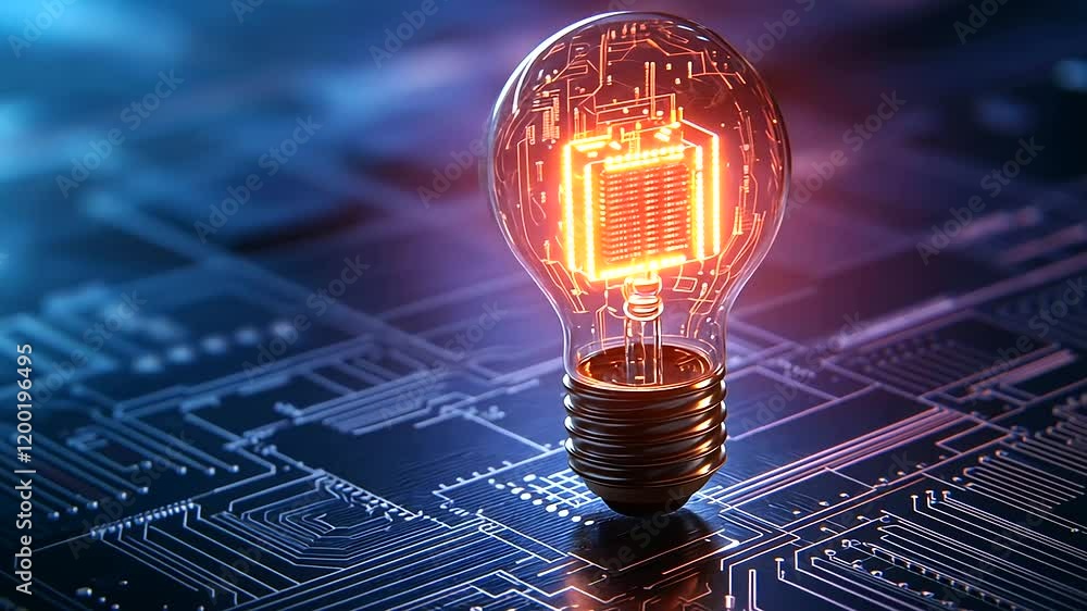 Poster a close-up of a lit incandescent light bulb with a tiny ai microchip glowing inside, casting hologra