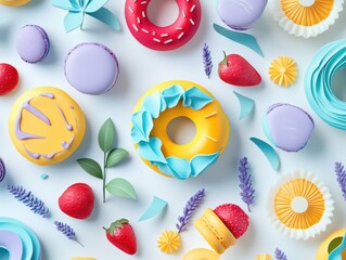 A whimsical cut-out style image of bold-colored desserts, such as bright yellow donuts, lavender macarons