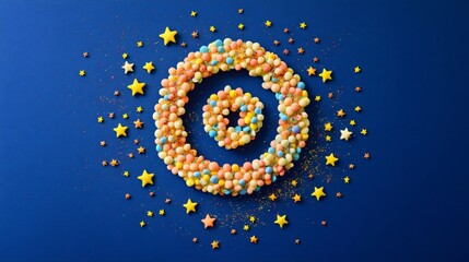 Food arranged in the shape of a spiral galaxy, with edible glitter stars, isolated on a deep blue surface