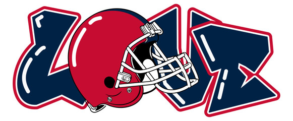 love - Navy blue and red  football player helmet, sport vector graphics, hockey, for street art - graffiti lettering typography - art illustration - multicolor - writen	