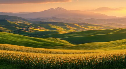 Obraz premium Breathtaking view of sunflowers blooming in the rolling hills