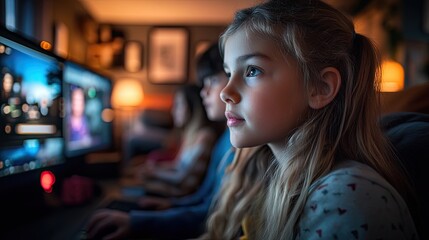 Children engaged in online learning during evening hours at home in a cozy environment