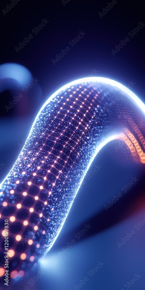 Poster a glowing curved tube with a grid pattern of bright lights. perfect for technology or sci-fi backgro