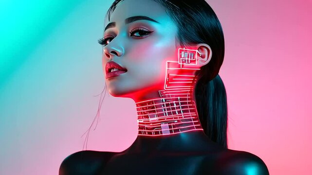 A cyberpunk-inspired portrait of a woman with a neon-lit AI chip on her temple and circuits cascading across her neck, representing the unity of AI and human intellect