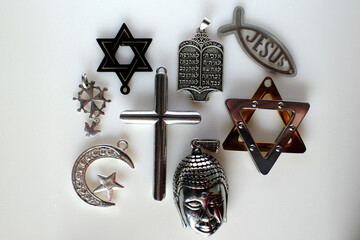 Symbols of major religions: Islam, Judaism, Catholicism, Buddhism and Christianity. World...