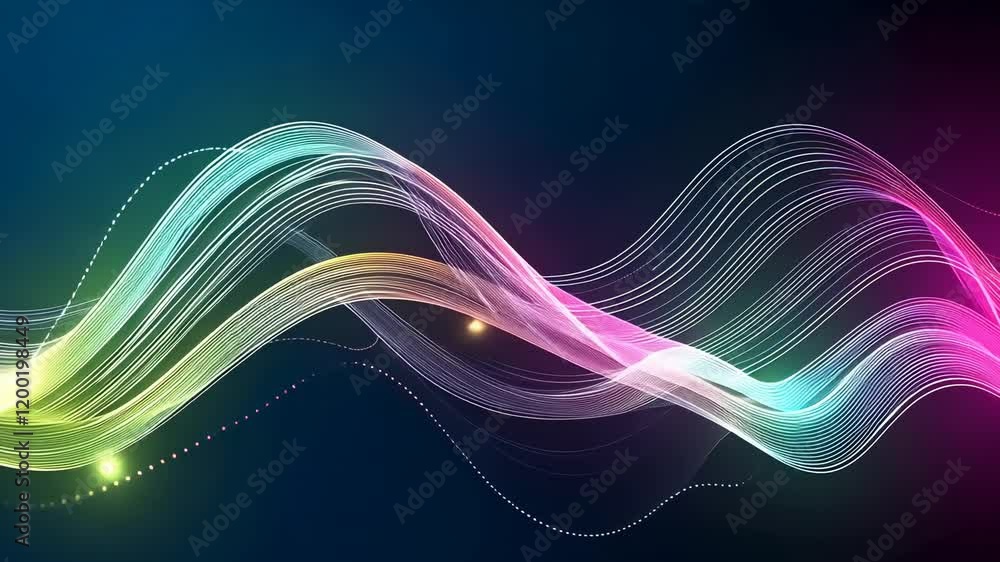 Poster video with a vibrant and dynamic abstract digital art piece featuring flowing wave-like lines in a g