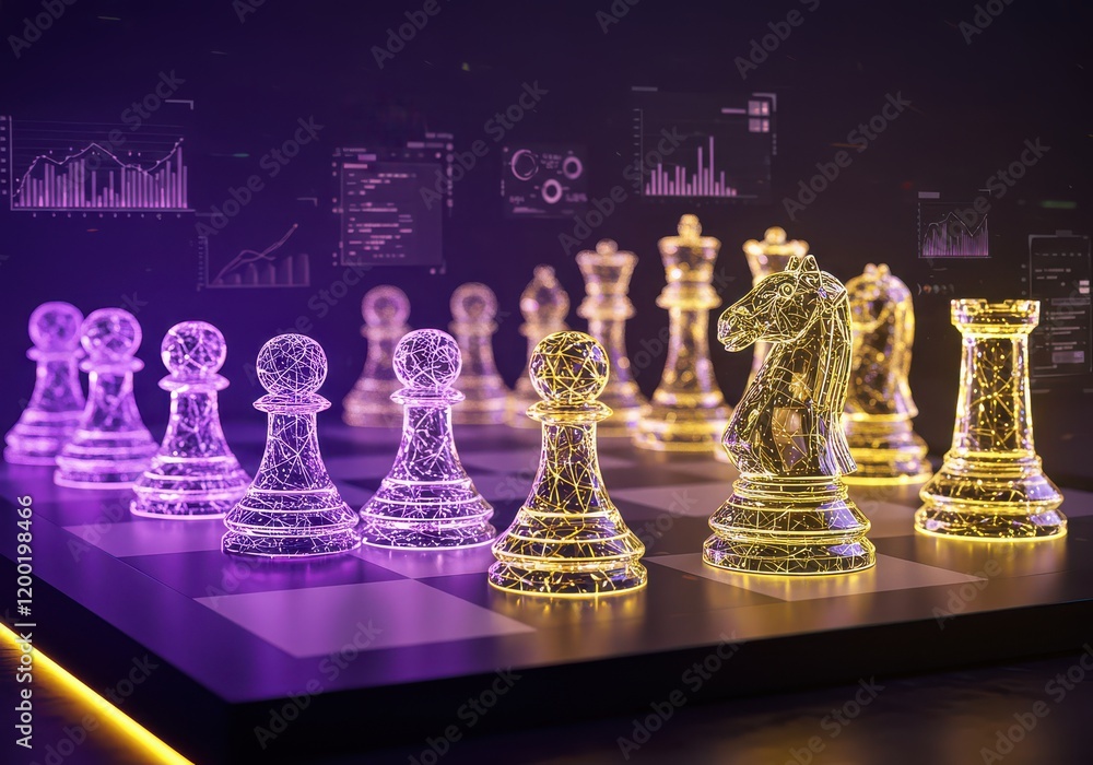 Poster a chessboard with holographic pieces and ai for data analysis and strategy development